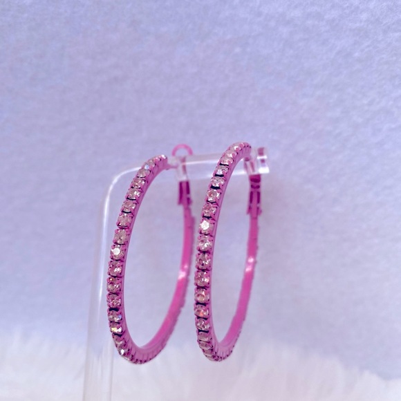 Glamorous Pink Rhinestone Hoop Earrings Barbiecore  1.5 inches brand new - Picture 2 of 13